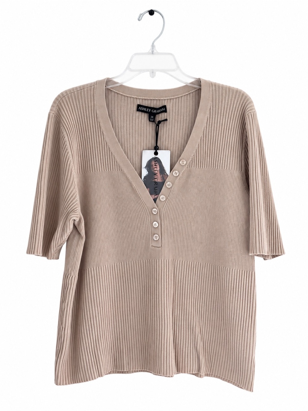 Ashley Graham Beige Ribbed V-Neck Button Henley Sweater